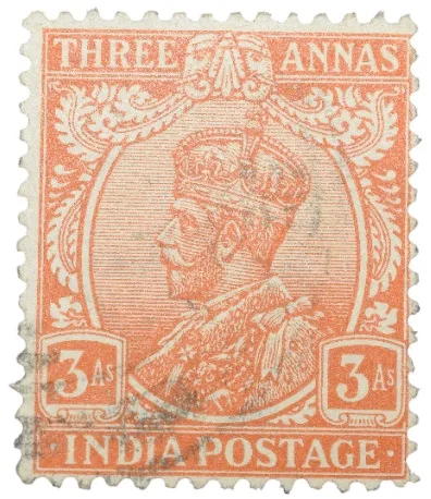 Postal Stamp of George V 3 Annas Orange Colour - Used Condition as per image.