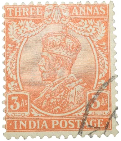Postal Stamp of George V 3 Annas Orange Colour - Used Condition as per image.