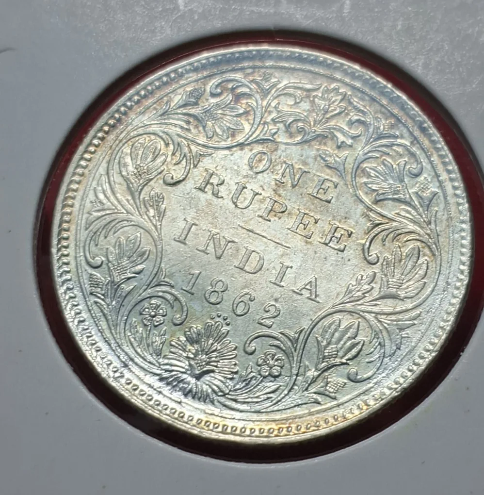 Rare 1 Rupee 1862 Victoria Queen 4 DOT Coin