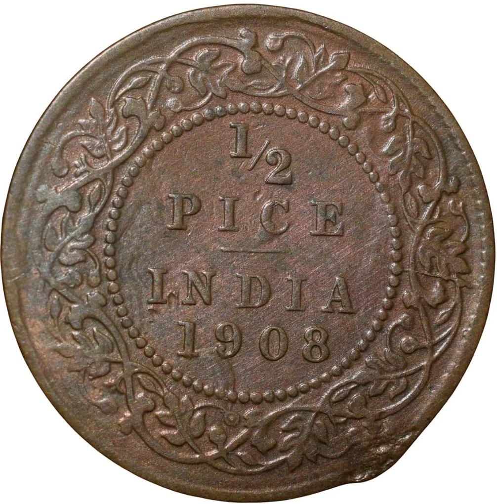 Bronze 1/2 Pice of Edward VII ( AD1908) of Calcutta Mint Very Fine