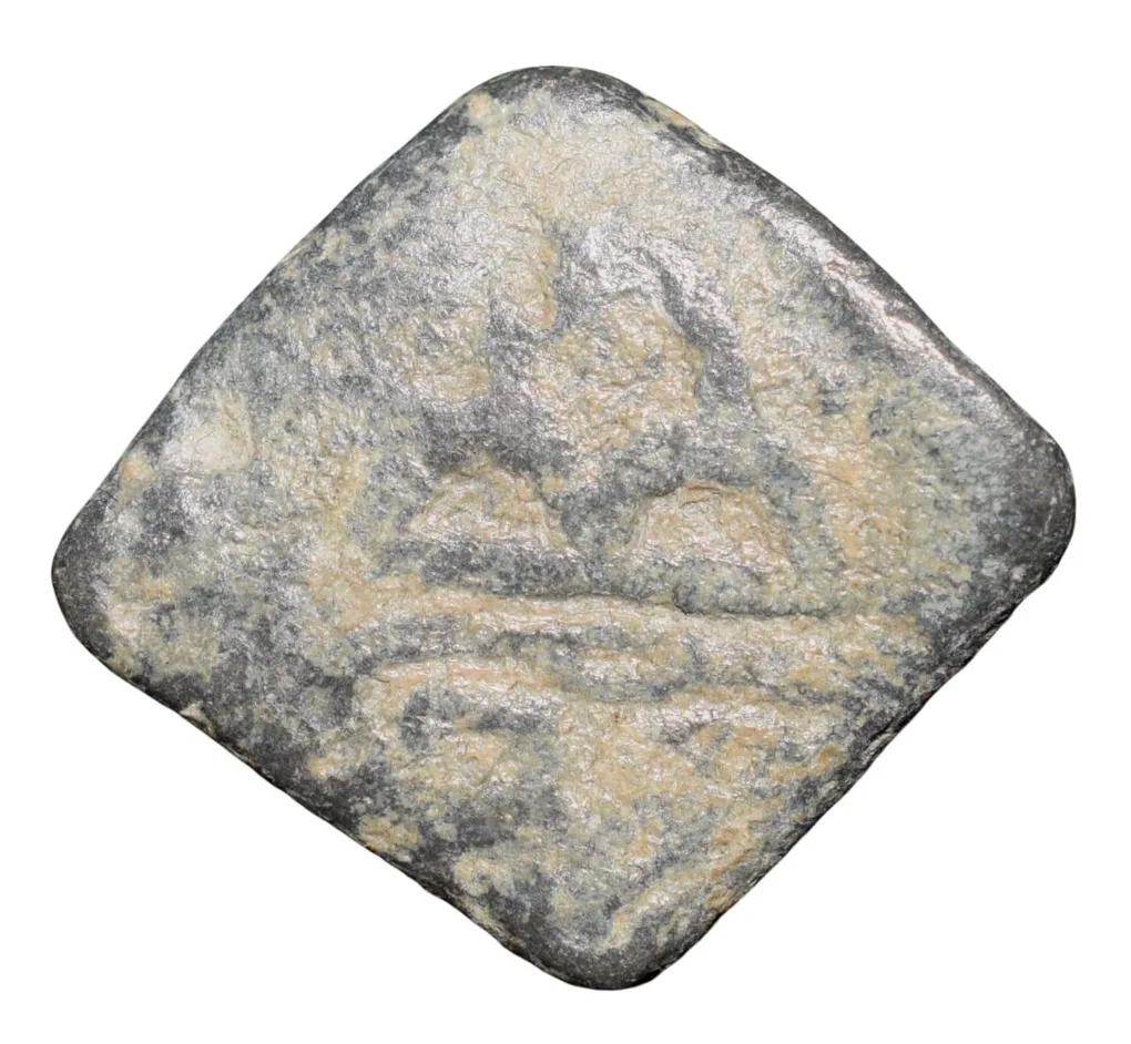 Lead Coin of Western Kshatrapa - Rudrasena III? (3rd Cen. AD) with 3-Arched Hill & Date in Brahmi Rare
