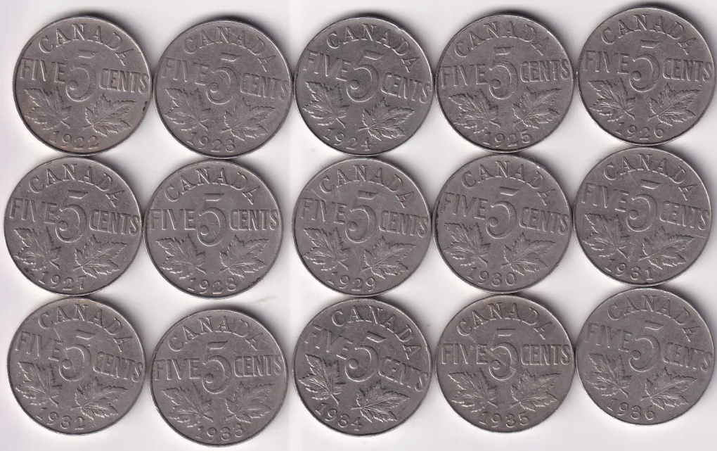 Canada 1922 to 1936 Nickel Five Cents Collection George V King Ex Rare