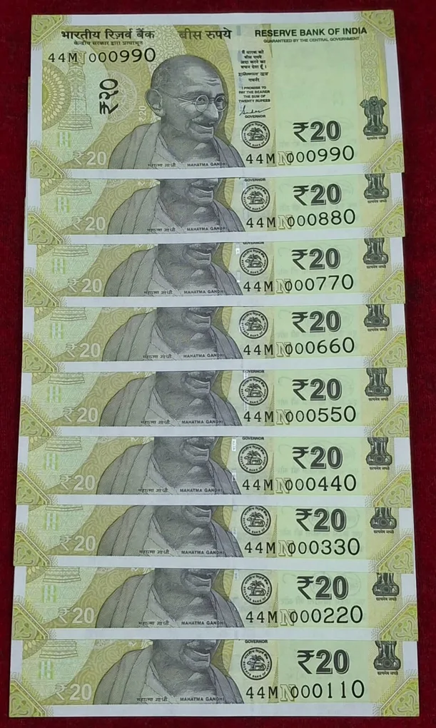 000110 - 000990 ( 9 PCS Set) 20 Rupees GEM UNC Rare ( 9 Note Set)