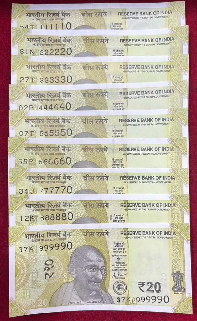 111110 - 999990 ( 9 PCS Set) 20 Rupees GEM UNC Rare ( 9 Note Set)