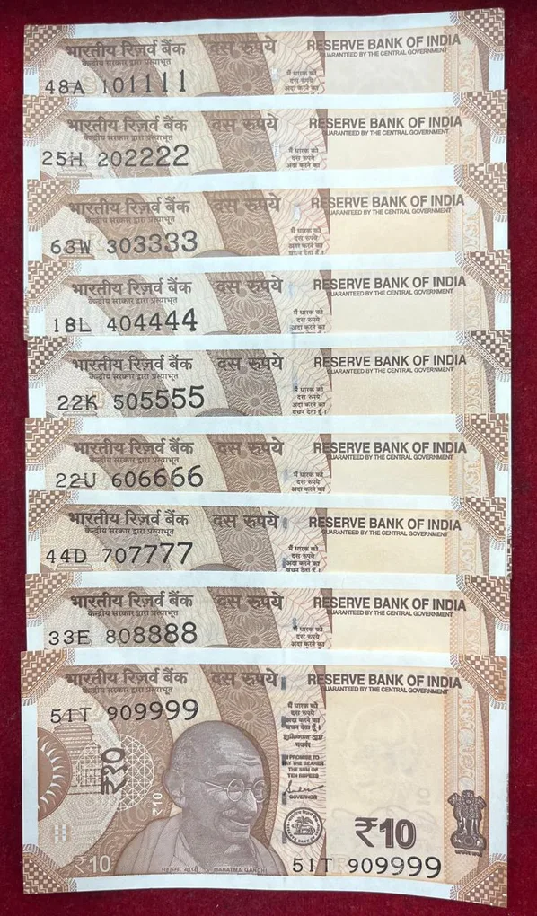 101111 - 909999 ( 9 PCS Set) 10 Rupees GEM UNC Rare ( 9 Note Set)