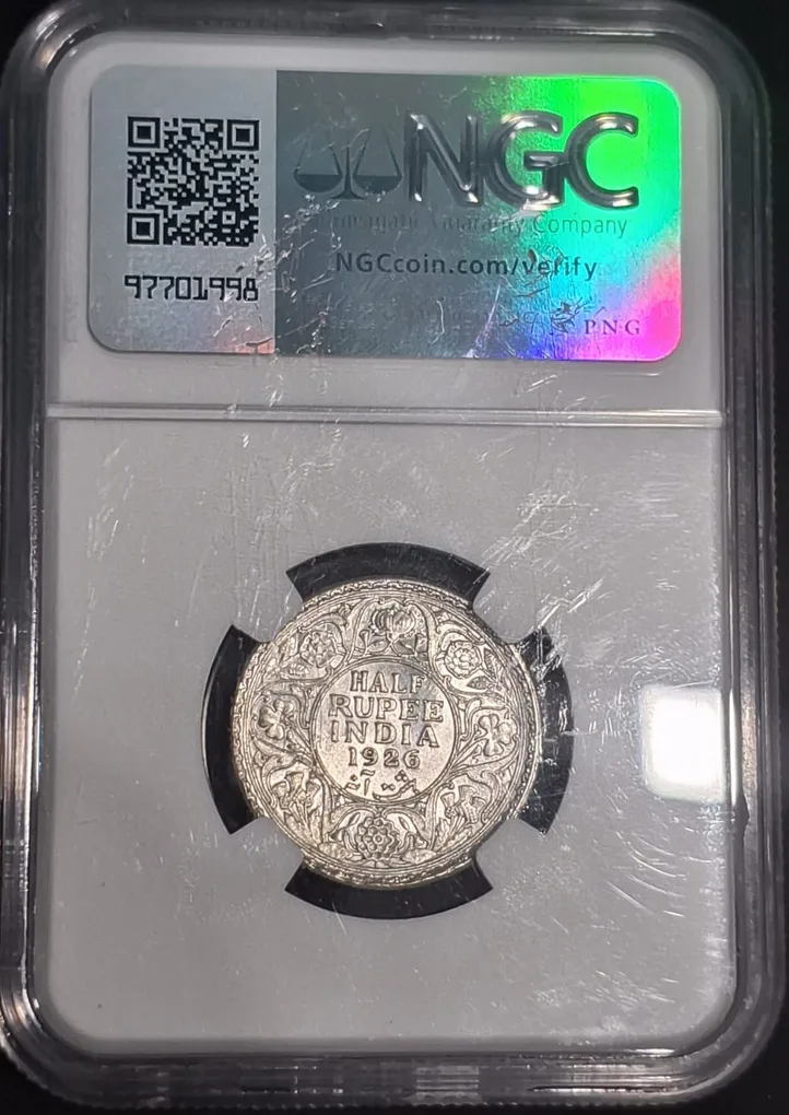 Rare Half Rupee 1926 NGC Graded Coin UNC Details George V King Emperor Coin