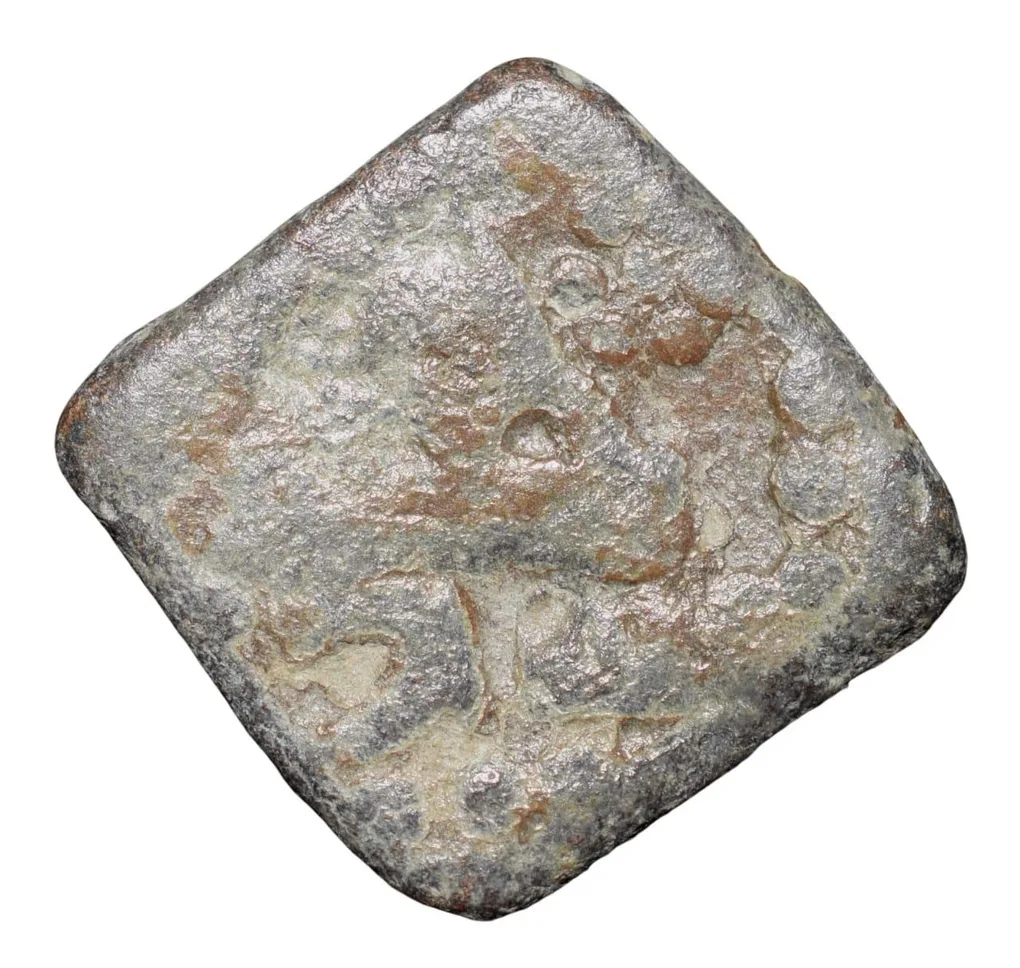 Lead Coin of Western Kshatrapa - Rudrasena III? (3rd Cen. AD) with Bull/3-Arched Hill