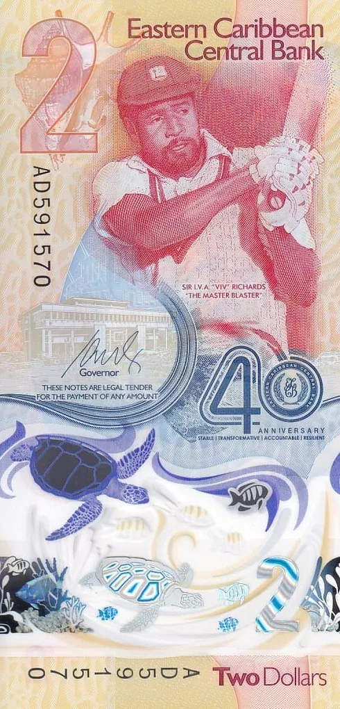 Polymer Note of Caribbean central bank 2 Dollars Viv Richards Note