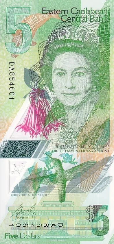 5 dollars of eastern carribean queen elizabeth ii polymer unc note rare