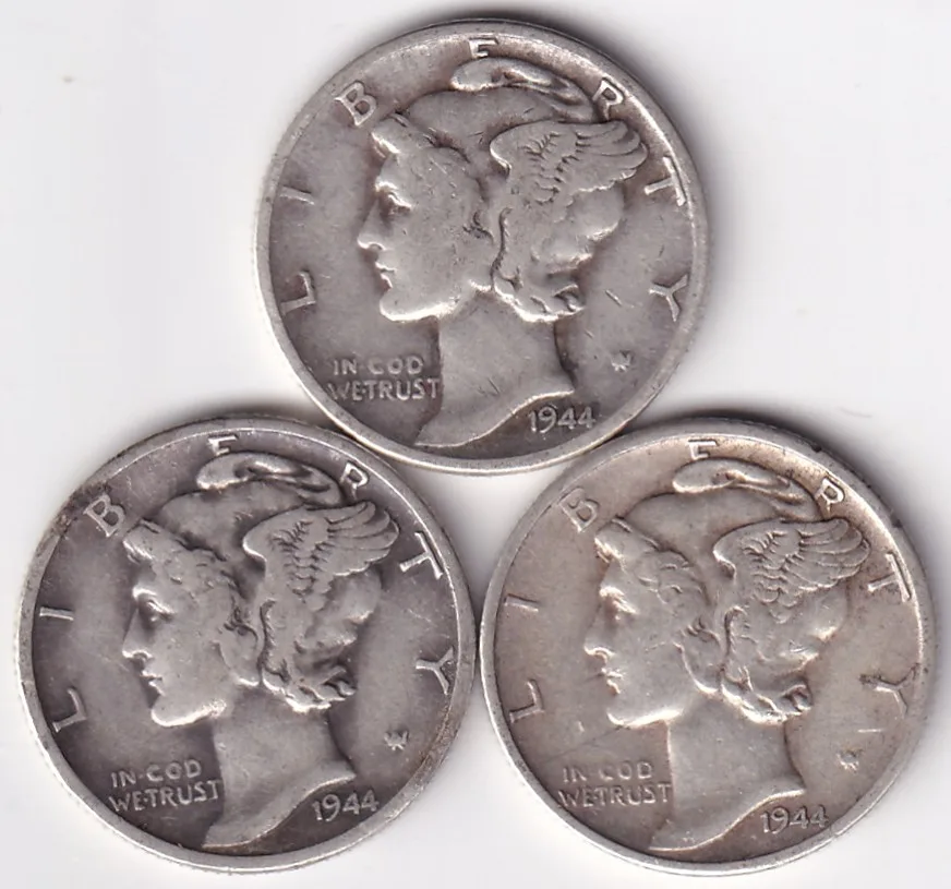 Mercury One Dime 1944 Three Different Silver Mint Coins Lot