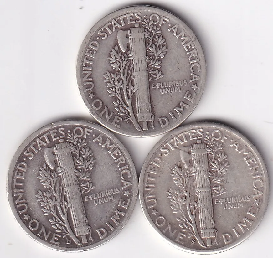 Mercury One Dime 1944 Three Different Silver Mint Coins Lot