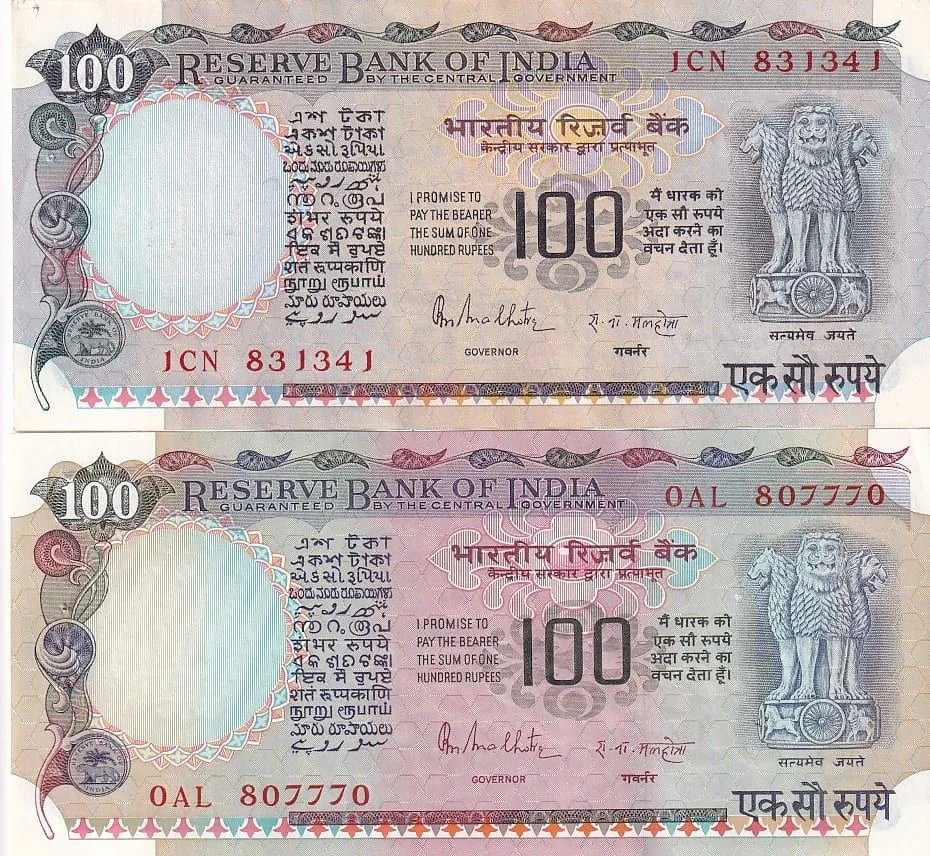 R N Malhotra Two Different Type Agriculture and Cobalt Issue 100 Rupees Notes Unc Set