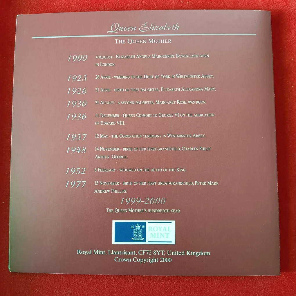 Rare Queen Elizabeth The Queen Mother Centenary Crown 5 Pounds 2000 Year Proof Coin Set Issue by Royal Mint