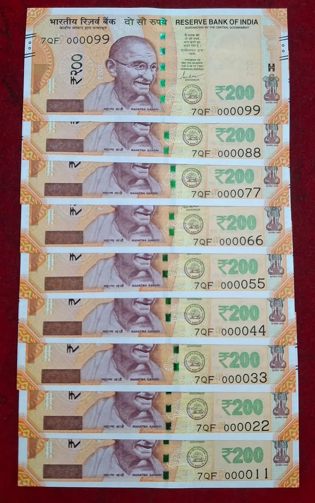 000011 - 000099 ( 9 PCS Set) 200 Rupees GEM UNC Rare ( 9 Note Set)