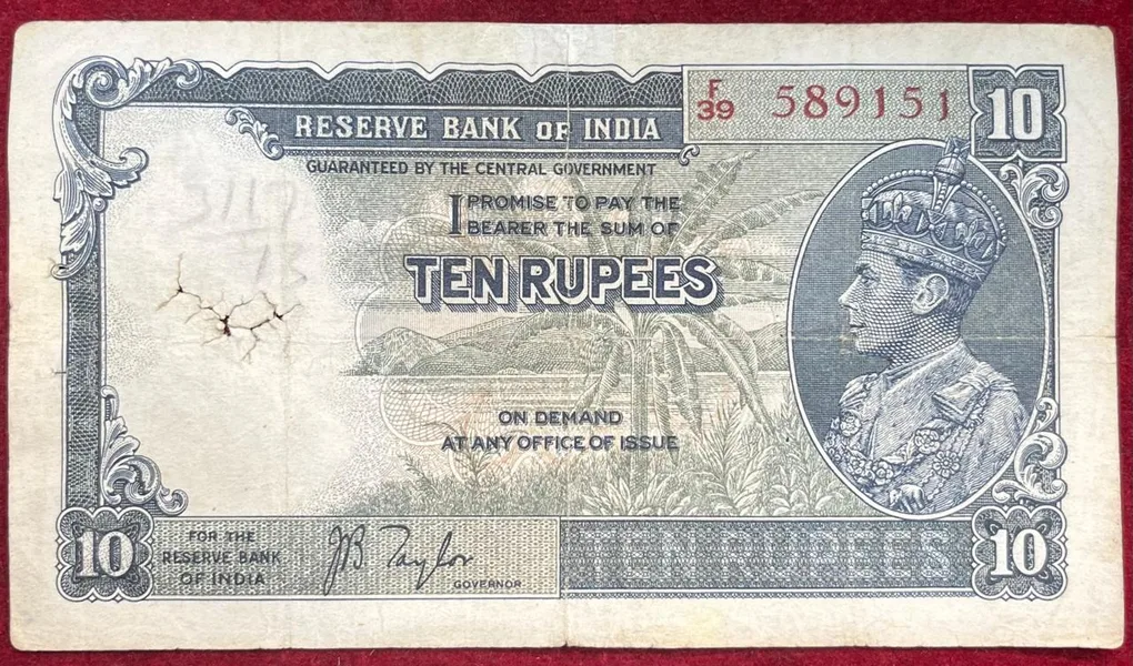 British India 10 Rupees - George VI Governor J.b.taylor Rare Note