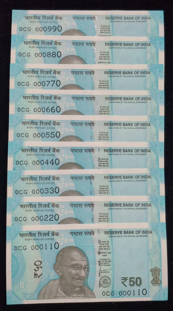 000110 - 000990 Fancy Number Rare 50 Rupees GEM UNC Rare (9 Note Set)
