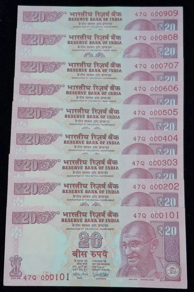 000101 - 000909 ( 9 PCS Set) 20 Rupees Old Issue GEM UNC Rare ( 9 Note Set)