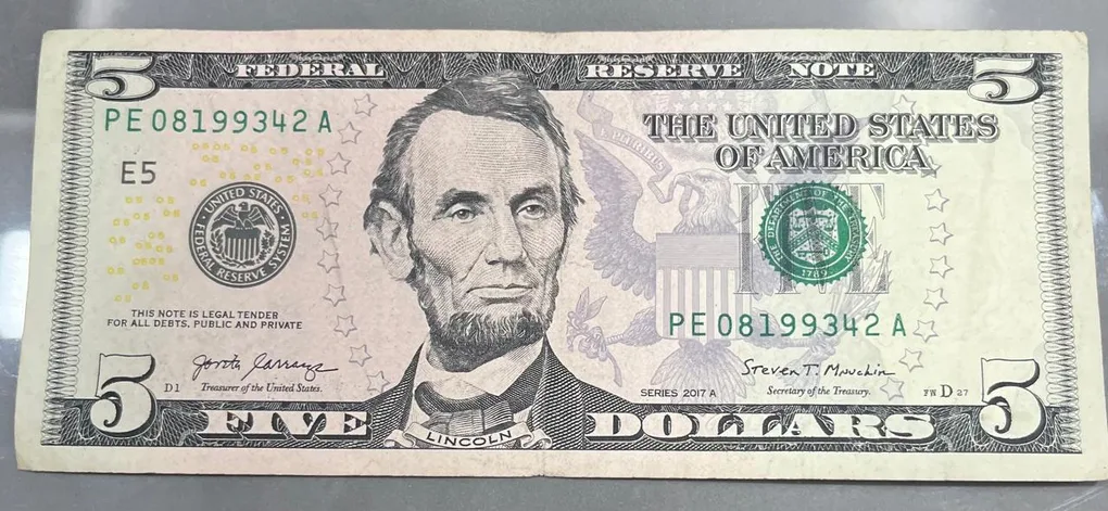 America 5 Dollars linkan rare viriyty Rare Note # B-2