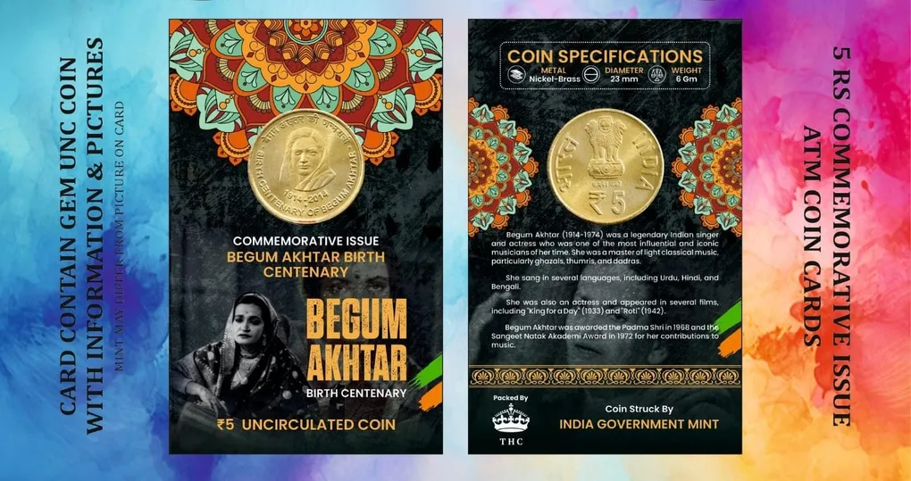 5 Rs. BEGUM AKHTAR rare Commemorative Coin Card Special Edition