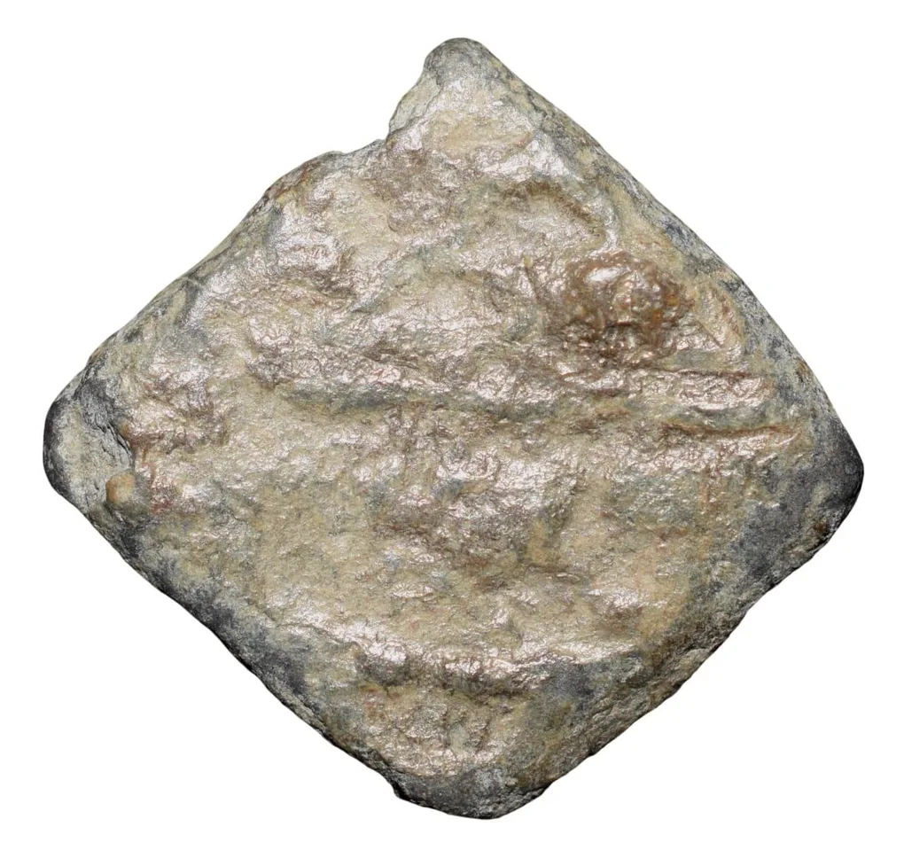 Lead Coin of Western Kshatrapa - Rudrasena III? (3rd Cen. AD) with Bull facing Right/3-Arched Hill Rare