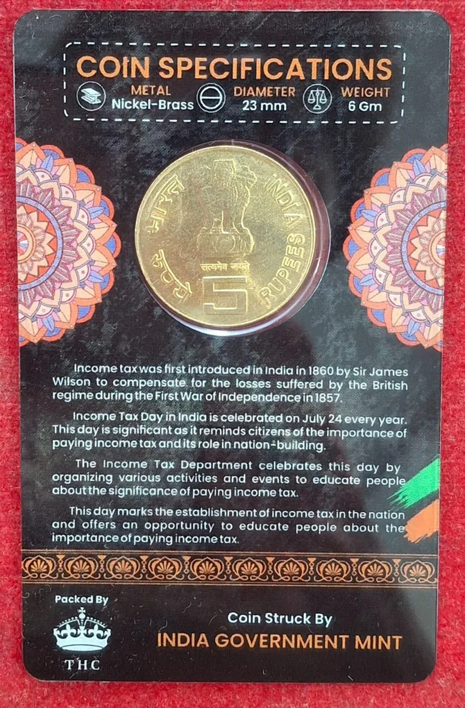 5 Rs. INCOME TAX Rare Commemorative Coin Card Special Edition