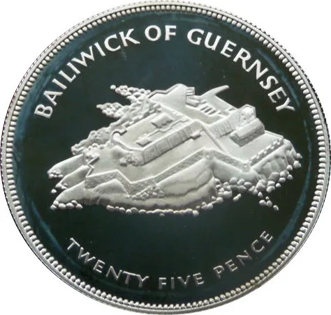 Guernsey 25 Pence 1977 - Elizabeth II Silver Jubilee; Silver Proof Commemorative issue Rare Coin with Capsool #4545