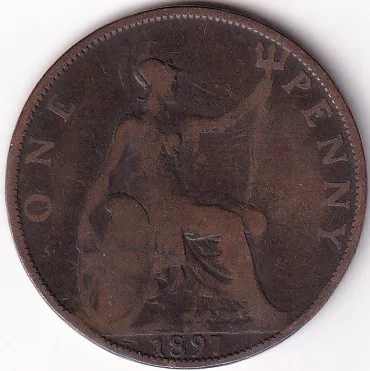 One Penny 1897 UK Victoria Side Face Very Fine Coin Rare