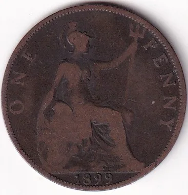 One Penny 1899 UK Victoria Side Face Very Fine Coin Rare