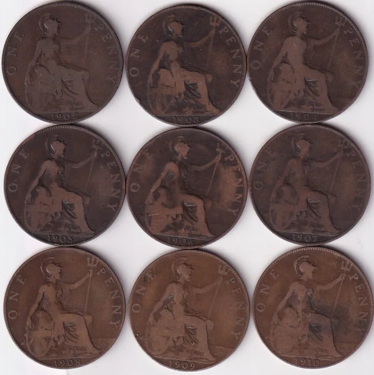 King EDward VII Penny 1902 to 1910 Nine Coins Collections set #1