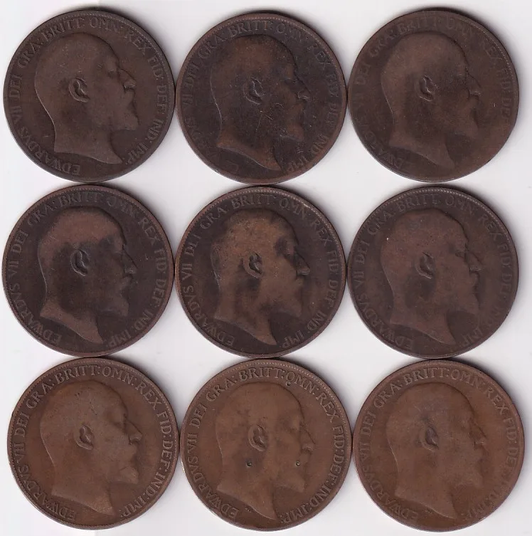 King EDward VII Penny 1902 to 1910 Nine Coins Collections set #1