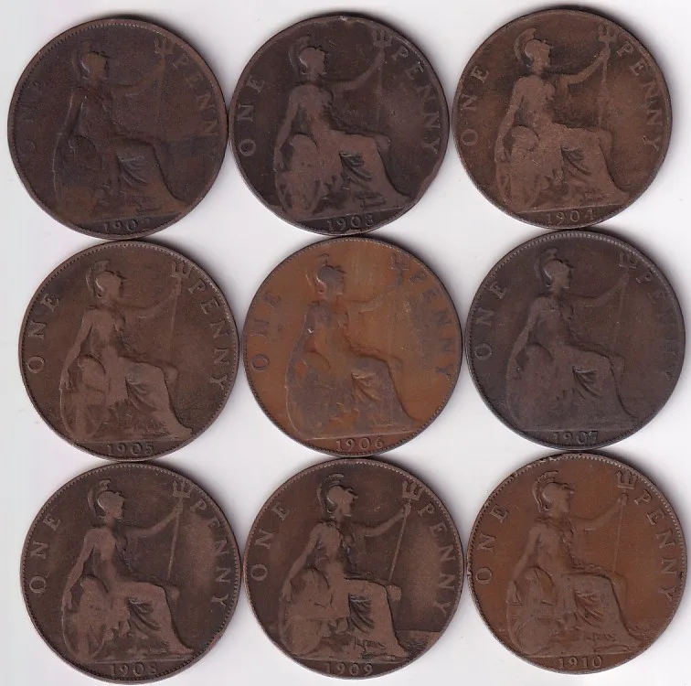 King Edward VII Penny 1902 to 1910 Nine Coins Collections set #2