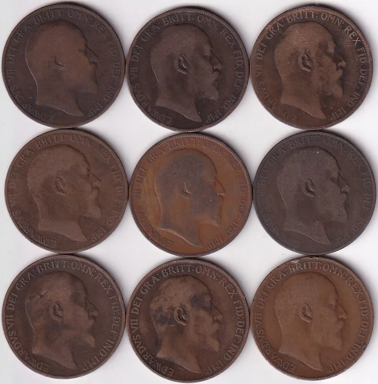 King Edward VII Penny 1902 to 1910 Nine Coins Collections set #2