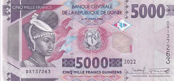 Guinea 5000 Francs Unc Note of 2022 Rare