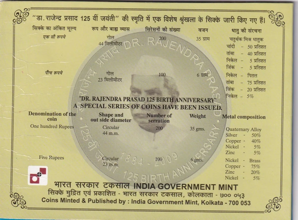 125 Birth Anniversary DR. Rajendra Prasad (1884-2009) Kolkata Mint 2 Coin UNC Set