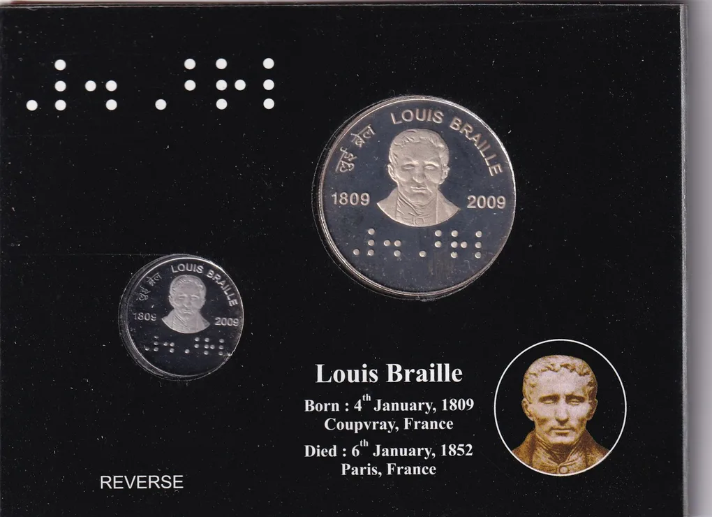200th Birth Anniversary of Louis Braille (1809-2009) Kolkata Mint 2 Coin (Proof Set)
