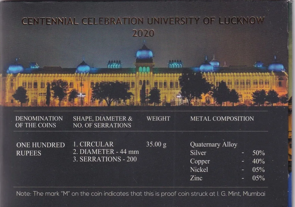 CENTENNIAL CELEBRATION UNIVERSITY OF LUCKNOW-2020 MUMBAI MINT RARE 1 COIN ((PROOF SET))