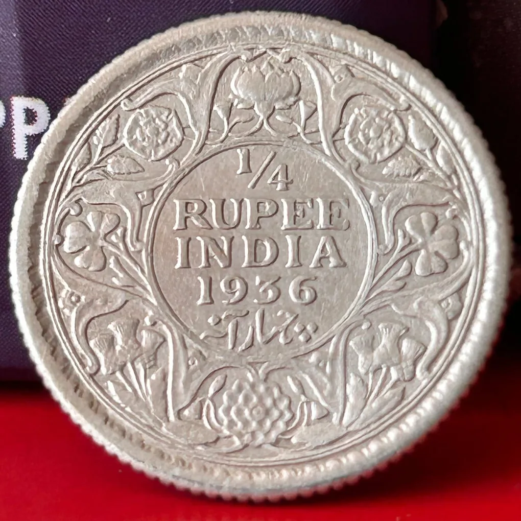 Rare 1/4 Rupee 1936 Silver Coin Calcutta Mint George V King Emperor British India Coin