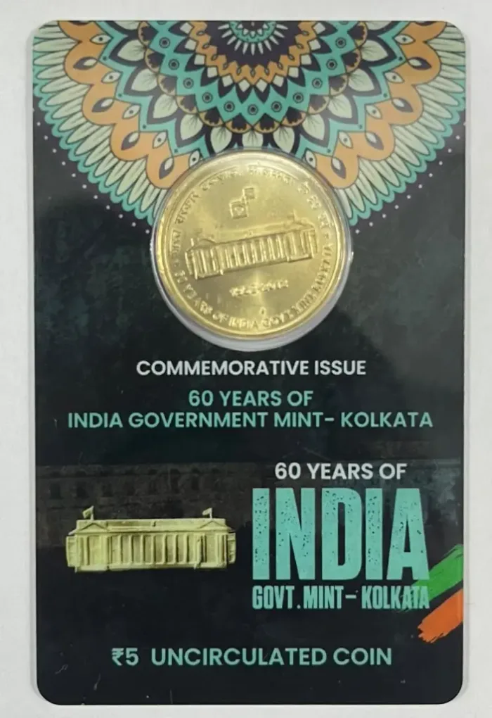 5 Rs. 60 YEARS OF INDIA GOVERNMENT MINT-KOLKATA rare Commemorative Coin Card Special Edition