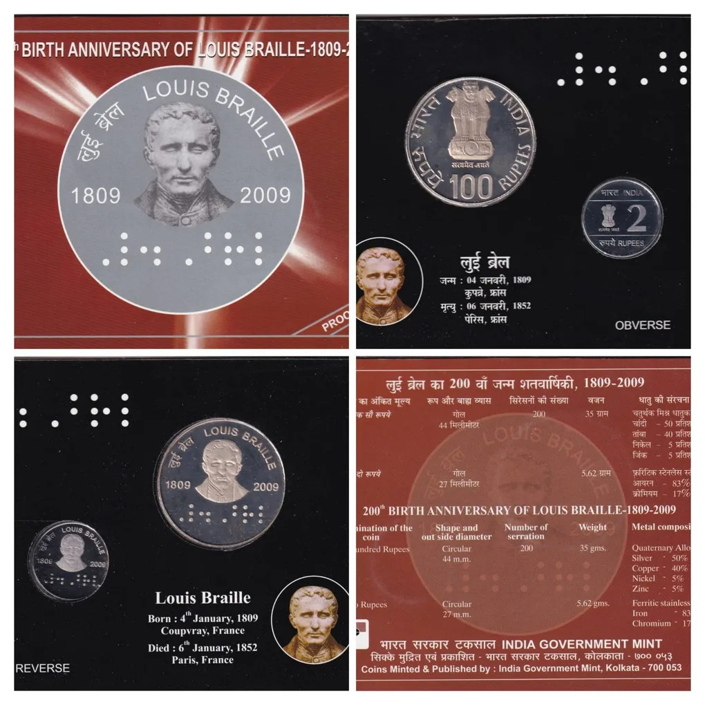 200th Birth Anniversary of Louis Braille (1809-2009) Kolkata Mint 2 Coin (Proof Set)
