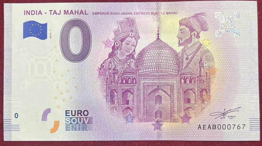 India 0 Euro - Taj Mahal Shah Jahan, Empress Mumtaz Mahal Eurosouvenir UNC Bank Note