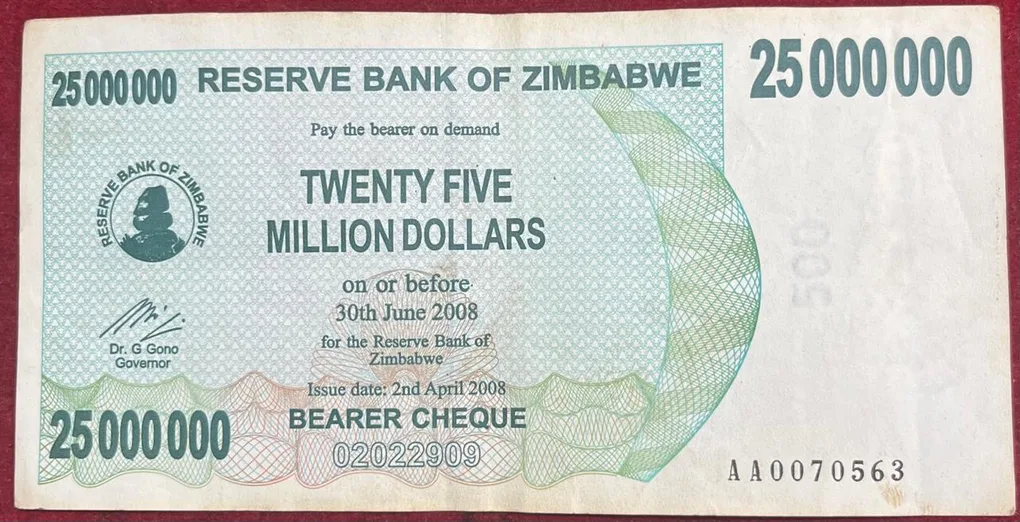 Zimbabwe 25000000 Dollars Rare Note #B-2