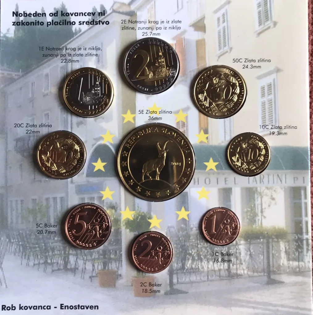 Slovenia 2004 1 Cent - €5 Euro UNC 9 Pattern Probe Essai Coin Set - Info Beautifulfolder Packaging