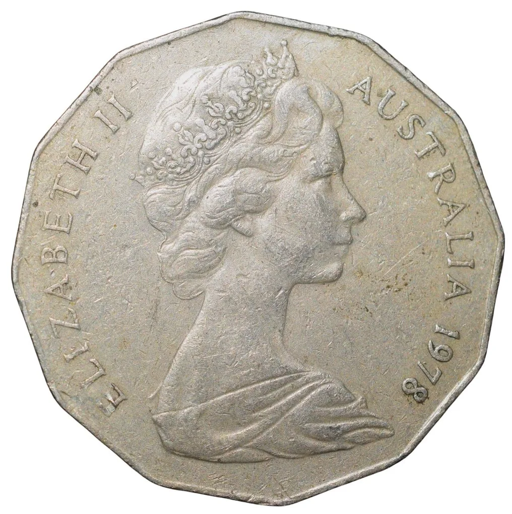Copper-Nickel 50 Cents of Elizabeth II of Australia (AD 1978) with a red kangaroo (Macropus rufus) and an Emu (Dromaius novaehollandiae)
