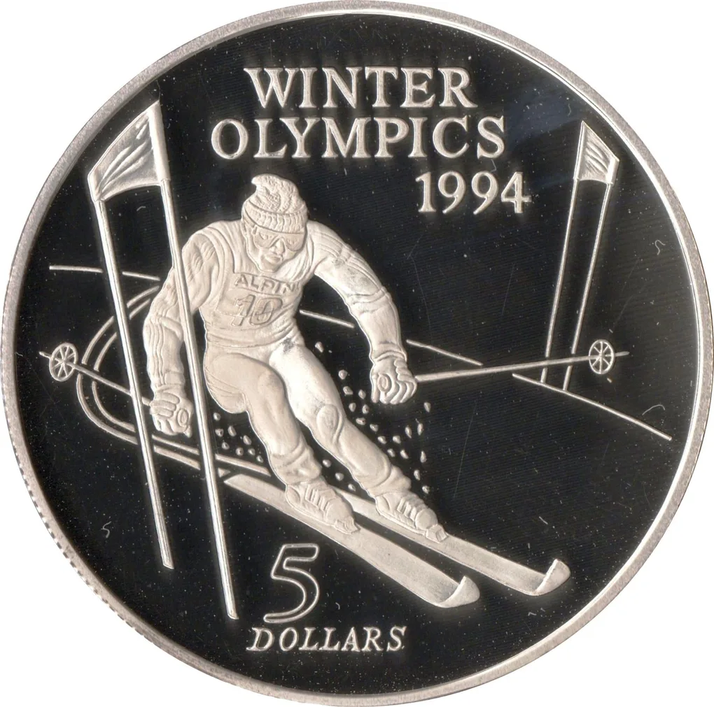5 Dollars Elizabeth II 3rd Portrait Winter Olympics New Zeland Issue 1994 Issue Silver