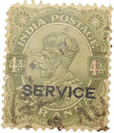 Postal Stamp of George V 4 Annas Olive Green Colour - Used Condition as per image.