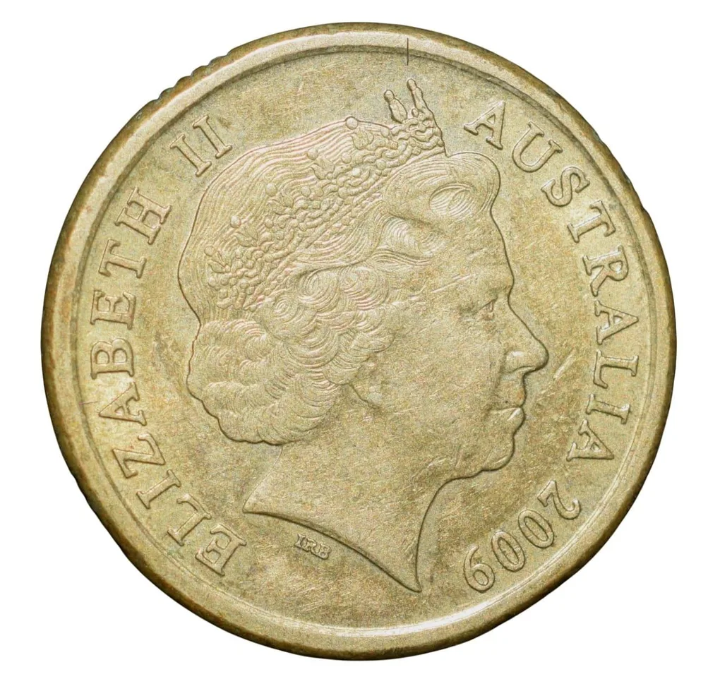 Brass 2 Dollar of Elizabeth II (AD 2009) from Australia with 1/2 length figure of Aboriginal man
