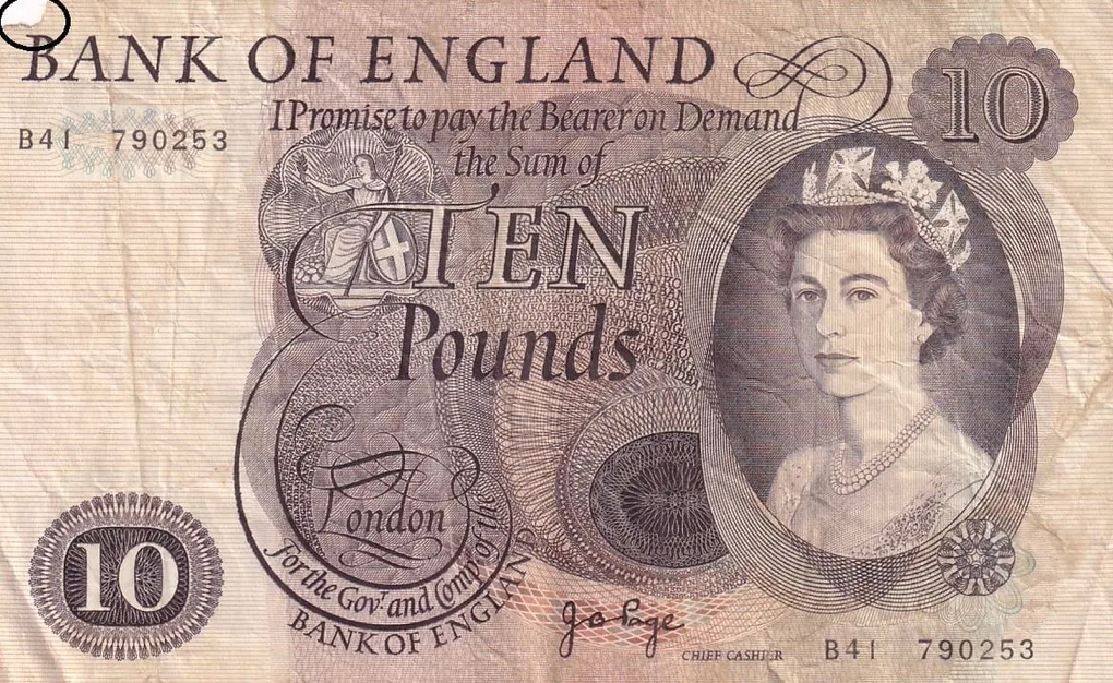 Ex Rare 10 Pounds 1970-75 Queen Elizabeth II Old Very Fine Crease Torn Damage Note #2
