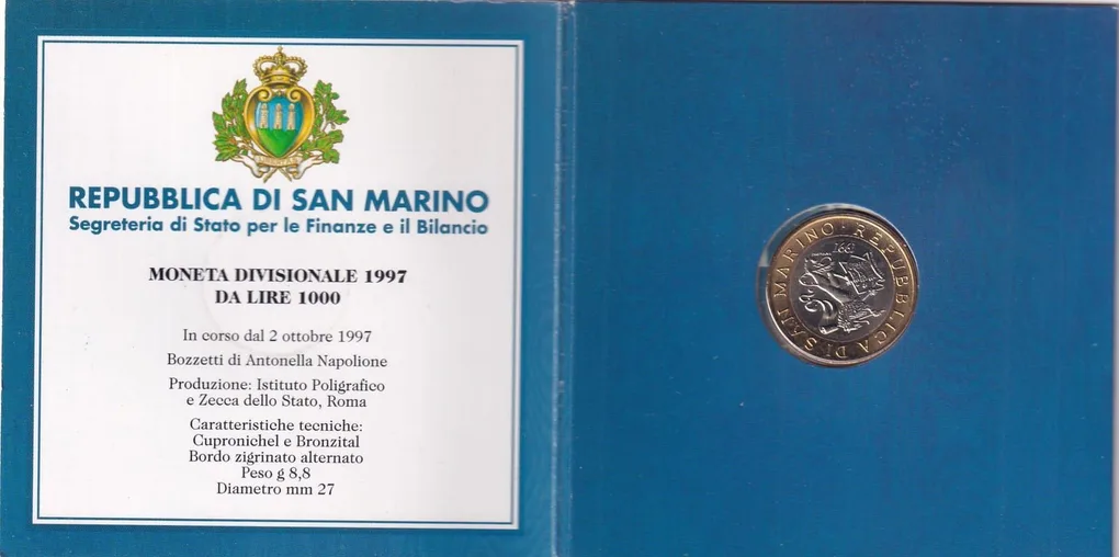 SAN Marino 1000 LIRE 1997 Rare Mint Packed Coin with Beautiful Folder