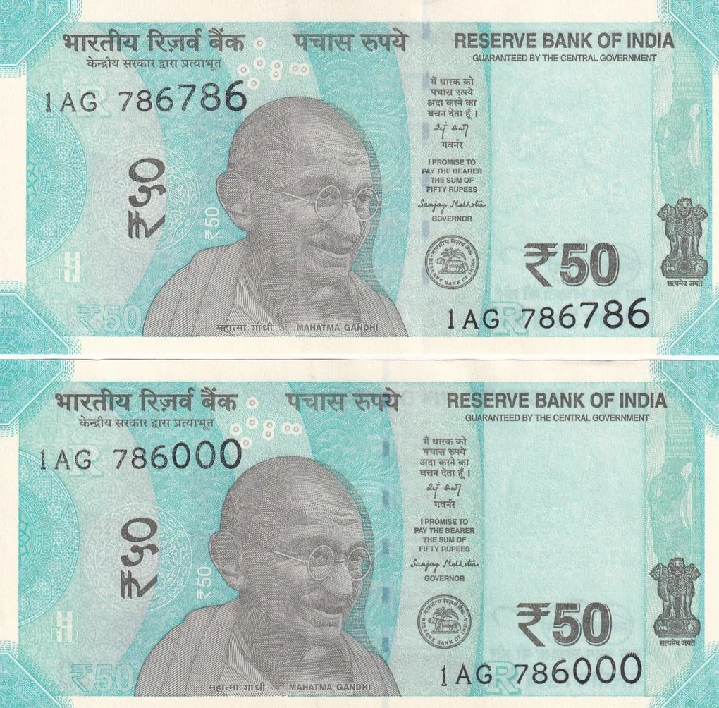 786786 + 786000 Fancy Number ( 2 Note Set) Same Prefix 50 Rupees 2025 Governor Sanjay Malhotra Rare GEM UNC