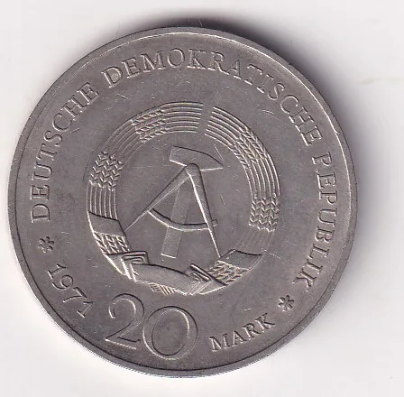 German Democratic 20 Mark 1971 - 100th Anniversary - Birth of Heinrich Mann Commemorative issue Rare UNC Coin # I-61